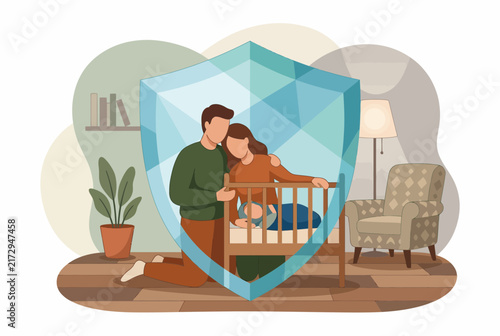 Family Protection Insurance Concept with Parents and Baby in Nursery
