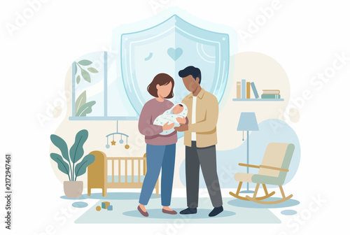 Parents Holding Baby with Shield Protection in Nursery Concept