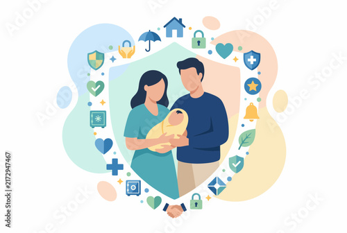 Family insurance and protection concept with parents and newborn baby