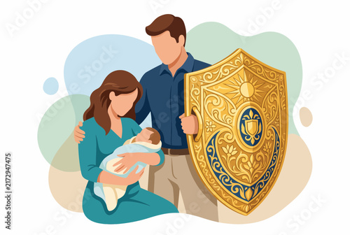 Family Protection and Life Insurance Concept with Golden Shield