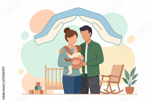 Family Insurance and Protection Concept for New Parents and Baby
