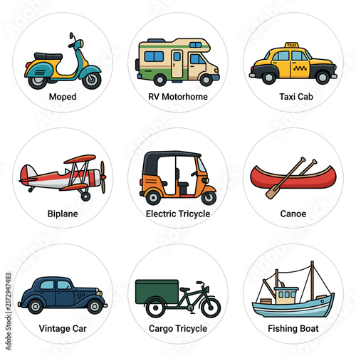 Collection of nine pixel art icons representing various vehicles and transport modes, including a scooter, RV motorhome, taxi cab, biplane, electric tricycle, canoe, vintage car, cargo bicycle, and