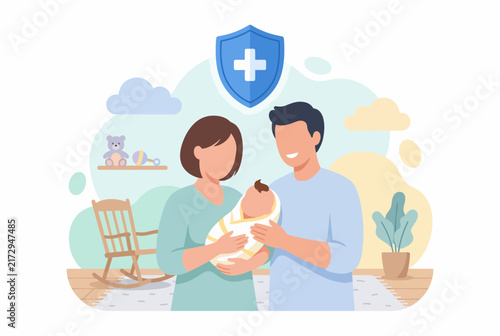 Family Protection and Health Insurance Concept with New Parents and Baby