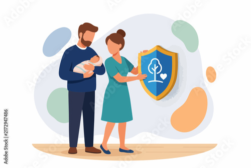 Family Insurance Concept with Parents Cradling Baby and Shield
