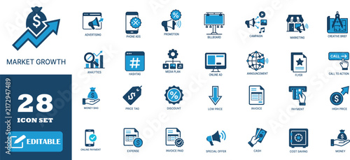 Market growth icon set featuring blue financial elements for business analysis.
