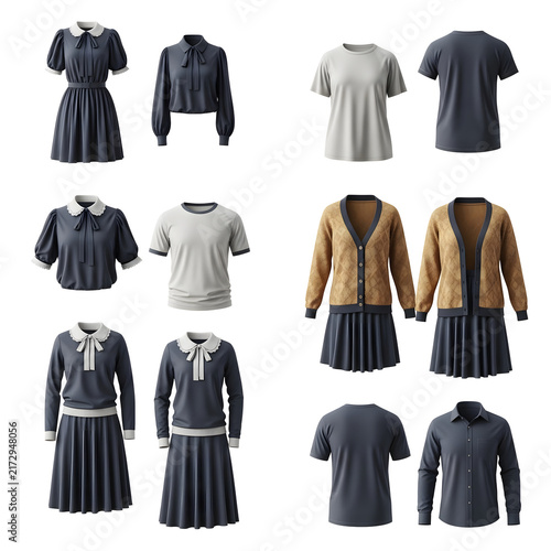 A collection of stylish women's clothing including dresses, shirts, and cardigans on a white background
