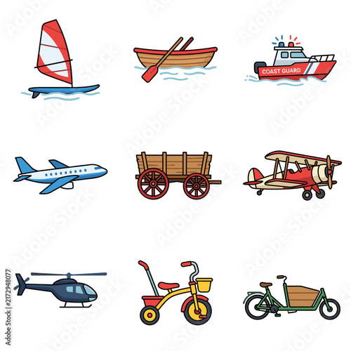 Pixel art collection of diverse transportation vehicles, including airplane, hovercraft, forklift, race car, hot air balloon, train, jet ski, cable car, and segway, isolated on white