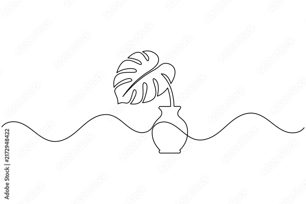 Obraz premium Monstera leaf one line art continuous drawing exotic tropical plant design