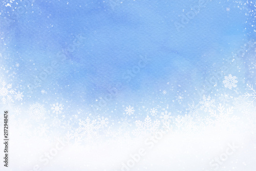  Watercolor Winter Blue Background with Bottom Snowflakes Border. Hand drawn frosty holiday abstract backdrop. December seasonal frame for ads, banner, poster, presentation, invitation, cover design. 