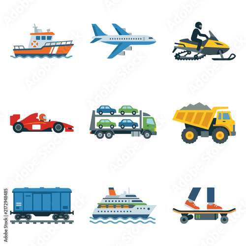 Set of pixel art transportation vehicles, including a coast guard boat, airplane, snowmobile, race car, car carrier truck, dump truck, train car, cruise ship, and skateboarder