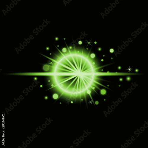A vibrant green light explosion with radiating beams and scattered particles against a dark background