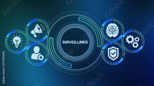 Futuristic digital surveillance concept showing artificial intelligence tech icons on futuristic dark background.