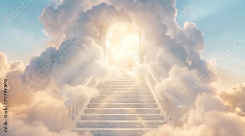 Staircase made of white marble leads up to a glowing heavenly portal in the clouds.