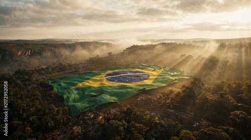 Brazilian Flag Waving Over Majestic Amazon Rainforest at Sunset