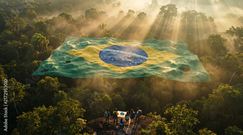 Brazilian Flag Over The Amazon Rainforest At Sunrise