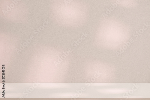 Beige Pink Background With Light And Blurred Window Shadow On Cement Wall And Floor, Warm Pastel Tone of Empty Studio Room For Autumn Winter Product Display, Interior Kitchen Cream Wall Texture