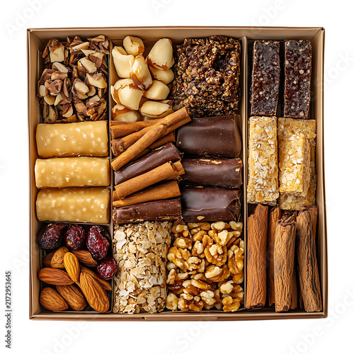 Assorted gourmet snack box with chocolates, nuts, dried fruits, and spices, including almonds, walnuts, cinnamon sticks, and various sweet treats