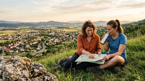 Two young caucasian women sitting on a grassy knoll are looking at a paper map and drinking water while exploring a scenic landscape at sunset time.