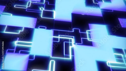 Abstract cybernetic squares flashing in dark space. Ideal for technology, sci-fi concepts, gaming screens and digital network visualizations.
