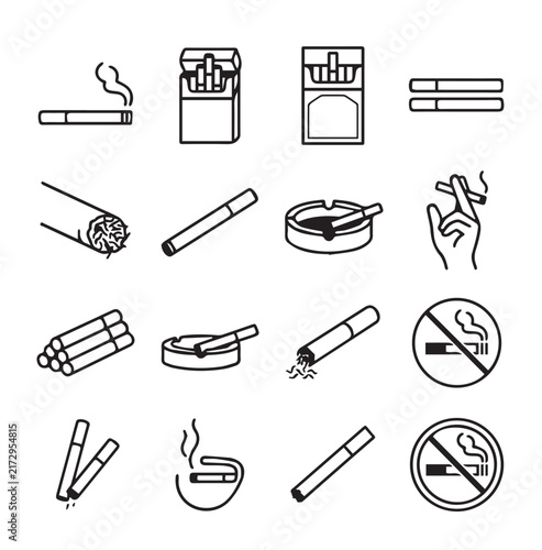 Cigarette Icons Pack with Smoking Symbols and No Smoking Signs on White Background