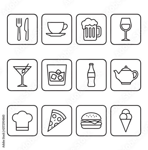 Clean food and drink icons arranged in a grid with simple line drawings against a white background symbolizing hospitality services
