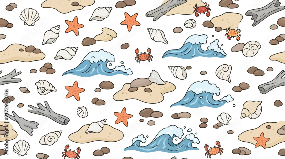 Obraz premium Minimalist Nautical Seamless Pattern with Waves, Crabs, and Shells on White Background