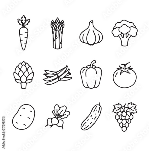 Clean line drawings of fresh vegetables and fruit arranged in a grid on a white background for healthy eating concepts