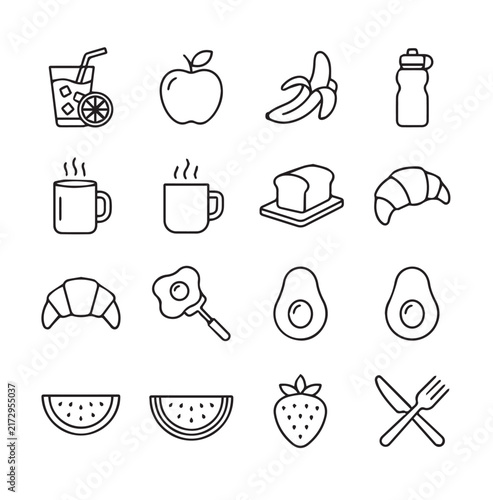Clean line icons representing breakfast foods and drinks with a white background