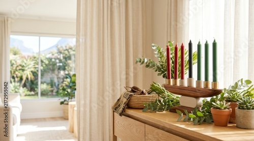Hanukkah Menorah with Candles in Cozy Home: A festive Hanukkah menorah holds lit colorful candles on a wooden stand, surrounded by greenery and natural light in a warm, inviting home interior.