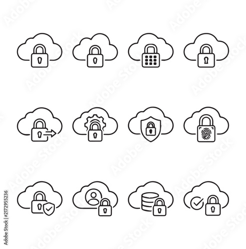 Cloud security icons with locks and shields against a white background