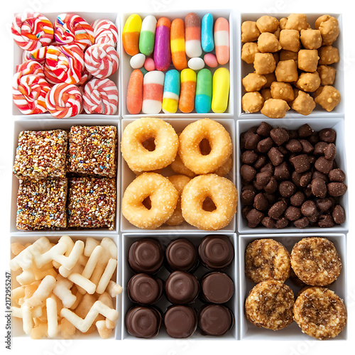 Assorted Colorful Sweets and Snacks in Compartments Including Donuts, Peppermint Candies, and Chocolate Treats