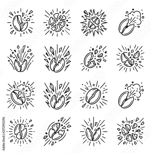 Coffee bean exploding with energy and flavor bursts in a dynamic abstract illustration style