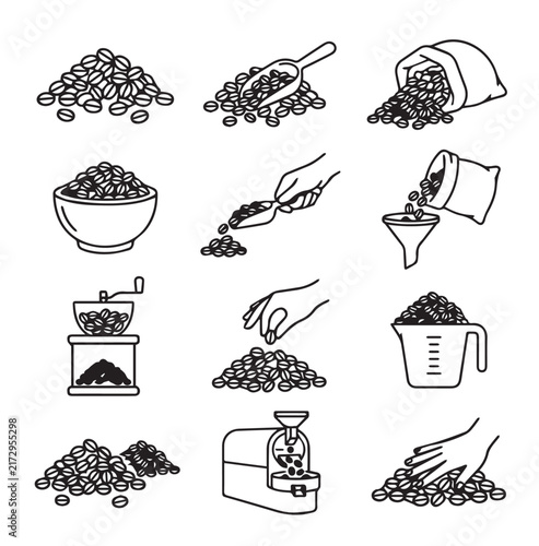Coffee beans in various stages of preparation with scoop and grinder in line drawing style