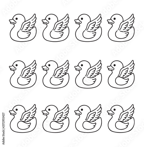 A dozen winged rubber ducks arranged in three rows on a clean white background