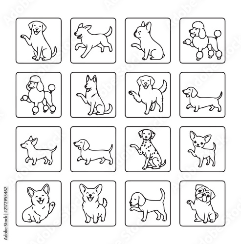 A grid of playful dog illustrations with clean lines on a white background for graphic design