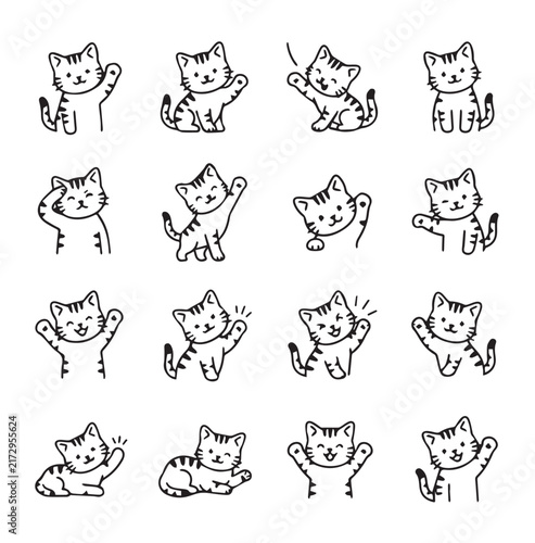Adorable hand-drawn kitten icons with various playful gestures and expressions on a white background for cheerful design elements