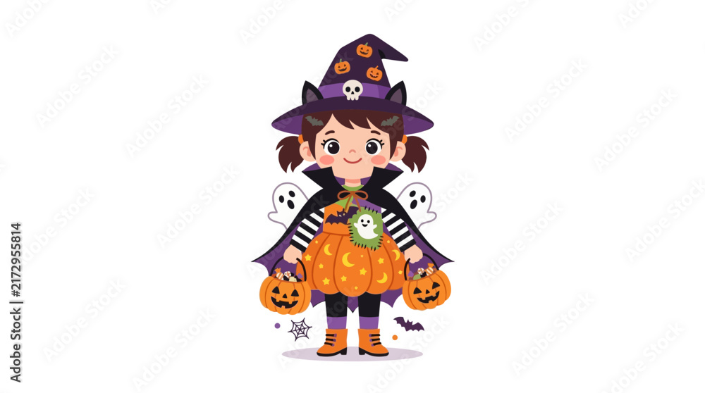 Naklejka premium Cute Girl in Witch Costume with Pumpkin Buckets