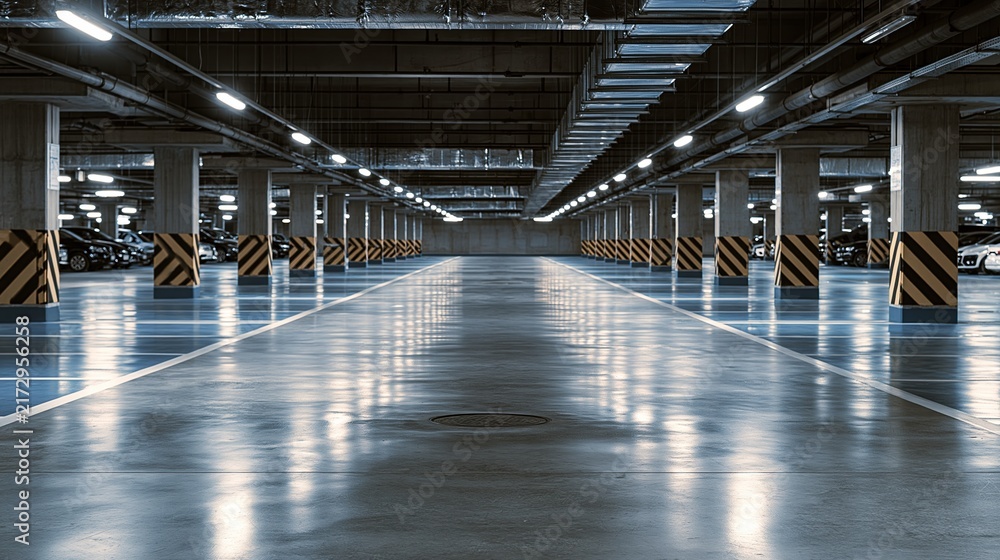 Naklejka premium Empty Modern Underground Parking Garage with Bright Lights and Concrete Pillars