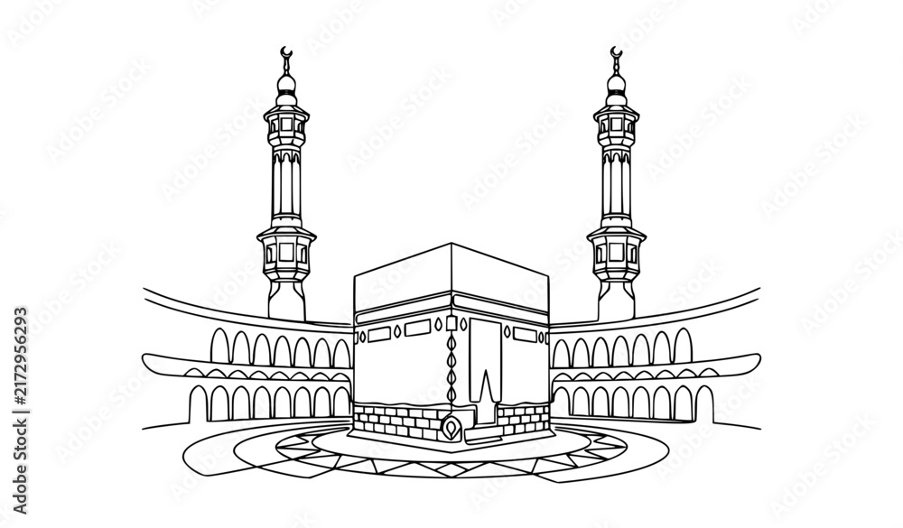 Obraz premium Minimal Kaaba and Minarets Islamic One Line Vector Illustration