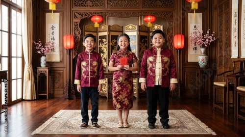 Prosperous New Year: Three Asian children, dressed in traditional attire, pose for a festive portrait, holding a red envelope.