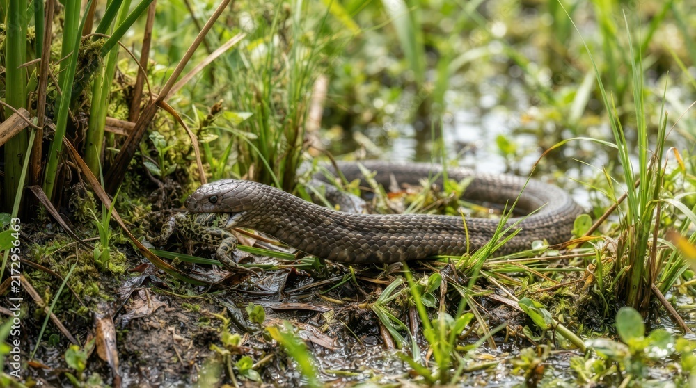 Fototapeta premium Grass Snake in its Natural Habitat: A grass snake slithers through lush green reeds and damp marshland, its scales blending with the natural environment.