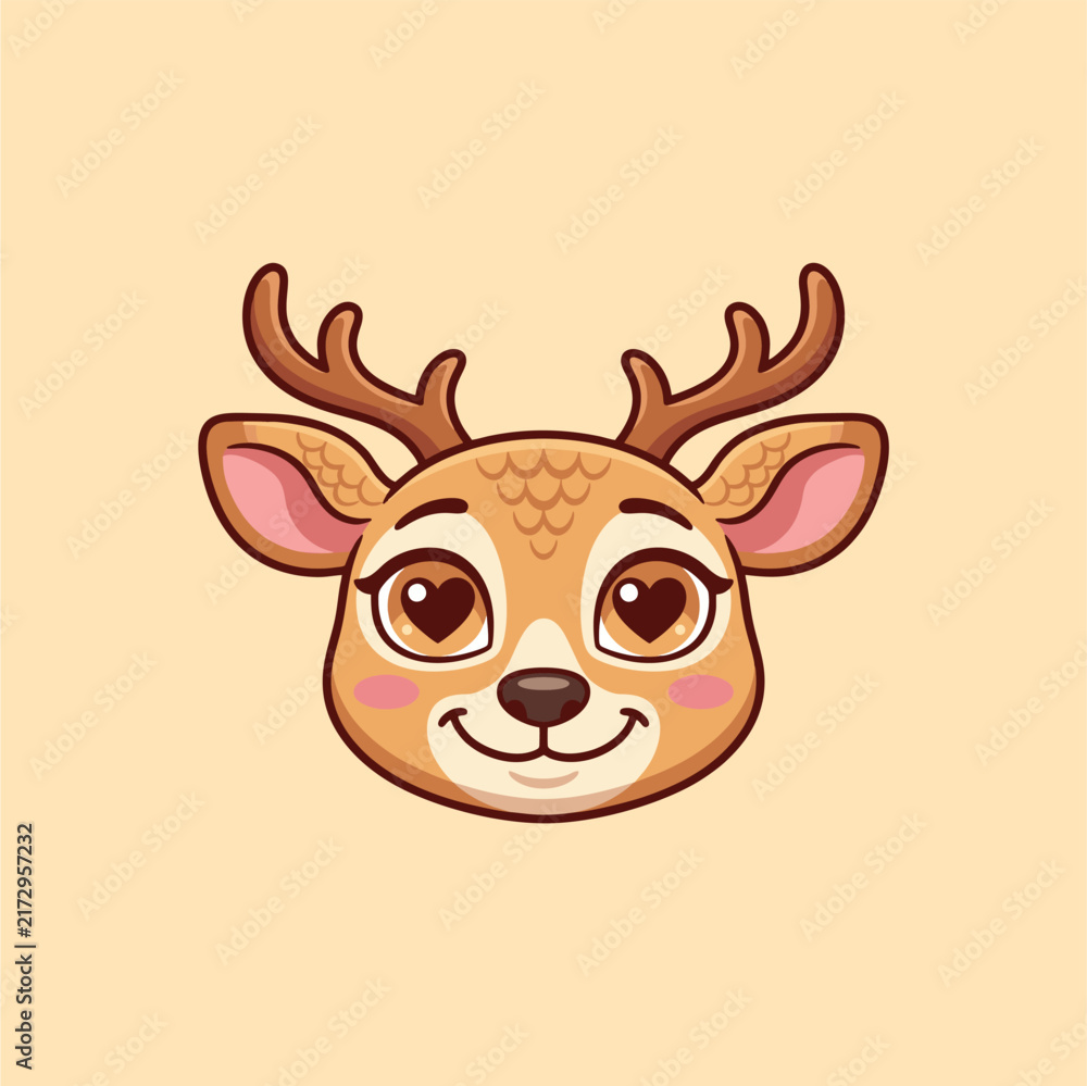Fototapeta premium Love-struck deer face, large heart-shaped pupils, gentle smile, sweet expression, elegant antlers, solid color vector design, minimal clean shapes, isolated on white background