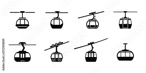 Cable car gondola lift vector icon set for mountain transportation
