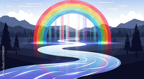 Colorful tunnel with mountain backdrop and road.