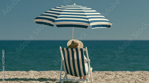 Relaxing vacationer under striped umbrella on sunny beach with ocean backdrop