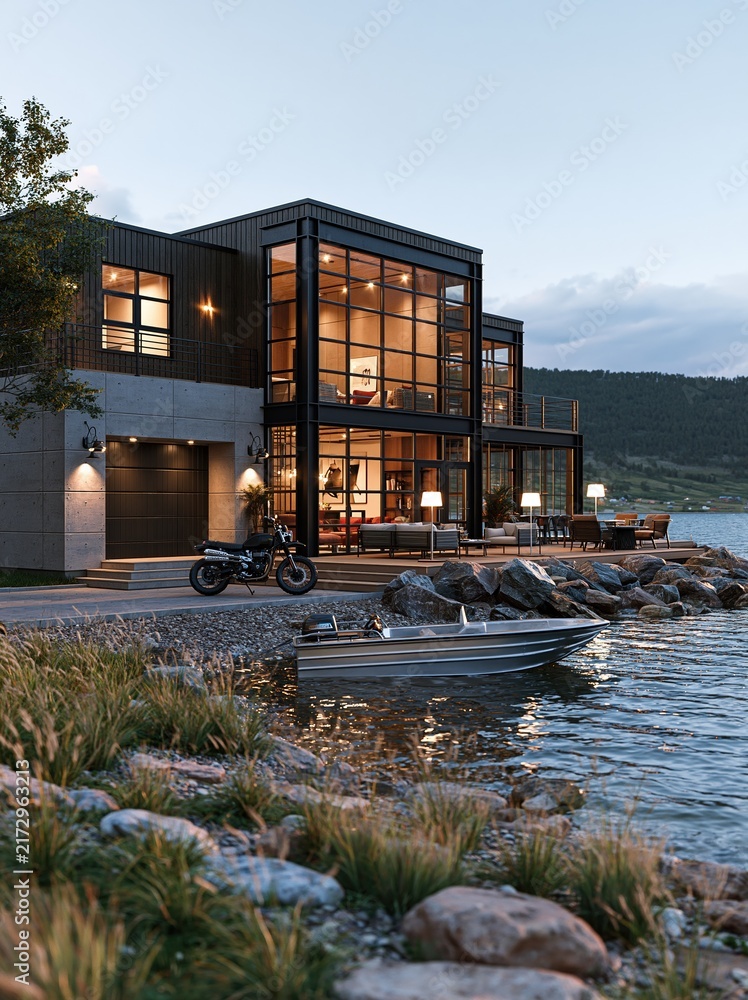 Obraz premium Modern Lakeside Luxury Home with Motorcycle and Boat at Dusk