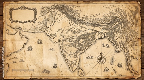 Antique Map of India, Old World Nautical Chart with Ships and Compass Rose