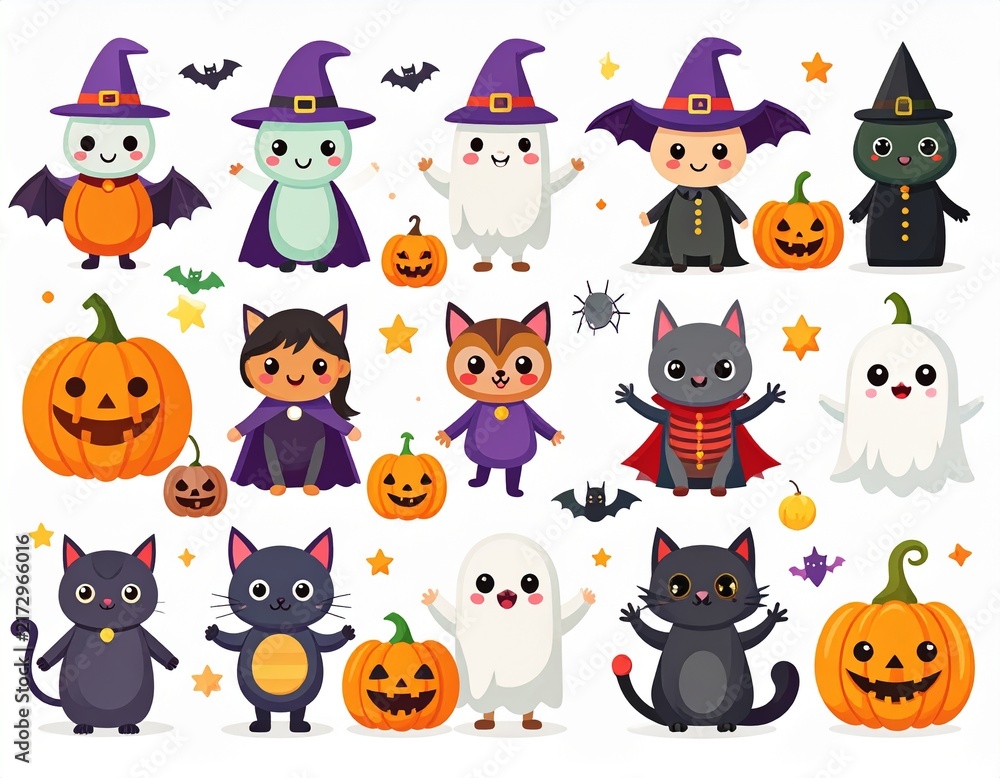 Obraz premium Cute Halloween vector elements set with friendly ghosts, smiling jack-o'-lanterns, and playful black cats