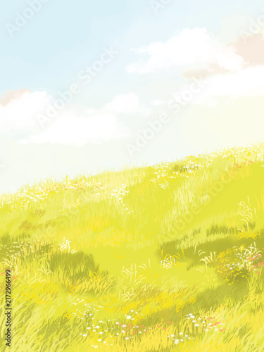 Sunny golden hill landscape vector illustration with wild flowers under soft sky hand drawn art background