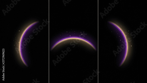 Triple view of a glowing purple planet horizon with scattered stars on a black background